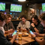 Experience live sports betting using vsc10 app in a lively bar setting with friends.