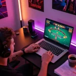 S666 player engaging in live dealer blackjack at a cozy home gaming setup with strategy notes