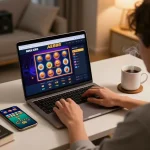 Engaging online casino session at NHÀ CÁI AE888 showcasing vibrant slot games on laptop.