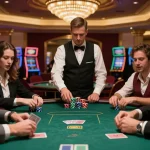 Engaged players at Go89living's poker table strategizing their moves with colorful chips in a luxurious casino setting.