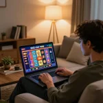 Engaging experience with NHÀ CÁI TR88 as a player enjoys online casino games from a cozy home setup.