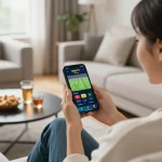 Person engaged in online sports betting via kubet77 app on smartphone in a cozy living room.