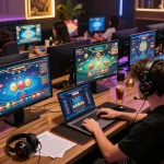 Engaging with the 789win poker app in an upscale online gaming setup, featuring multiple screens and luxury ambiance