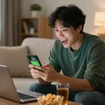 Người dùng Link 12bet hào hứng đặt cược trên điện thoại thông minh trong khi theo dõi thể thao trực tiếp.