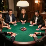 Ev999 poker game ambiance with players focused on strategy and colorful chips