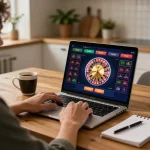 Player engaging with 33winn online casino on a laptop, showcasing responsible gaming setup.