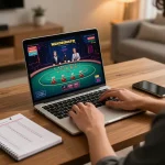 A player enjoying online gambling on 123b with a stylish laptop, focused on live dealer action and strategic notes