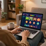 Player enjoying online casino games on 789BET while relaxing at home with snacks and drinks.