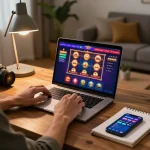 Player enjoying slot games on f8bet’s online casino from their cozy home environment, showcasing strategy notes.