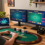 Engaging live dealer blackjack experience at lc88 online gaming setup in a cozy home.