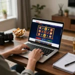 Engaging home gaming scene on 888bgo site with vibrant slot games and a cozy atmosphere.