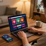 Engaging in online gaming at home with tr88 on laptop showcasing betting interface and wallet tracking.