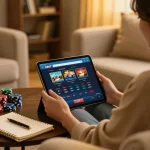 Engaging in online gaming at kkwin with a cozy setup and tablet interface.