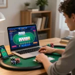 Player engages in online poker strategy while using XX88 betting app in their stylish home office.