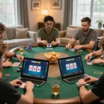 Players strategizing during an iwinclub online poker game in a cozy home setting.