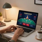 SC88 player engaging in live dealer blackjack from a cozy home office, ambient lighting enhancing the gaming experience.