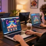 Engaging in online casino gameplay at fly88, showcasing a modern gaming setup with immersive atmosphere