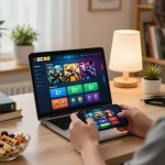 Player strategizing with SC88 casino app on smartphone at modern home desk.