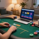 Player engaged in sc88 online poker game, chips adjusted on the virtual table in a cozy home office.