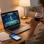 Player engaged in live dealer games on 58wiin app, cozy home setup with strategy notes.