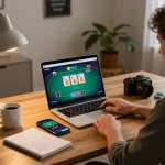 Playing online poker with NHÀ CÁI CM88 on a laptop in a cozy home office setting.
