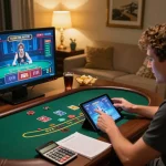 NHĂ CĂI SC88 player enjoying live dealer blackjack at home, showcasing strategic gambling atmosphere