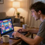 Engaged player enjoying PH22's online gaming experience on a laptop in a cozy home setting.