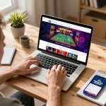 Engaging in live online casino games with KK55 on a laptop, showcasing excitement and strategic gameplay