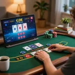 Engaging online gaming experience at G28 with live dealer blackjack on laptop in home setting.