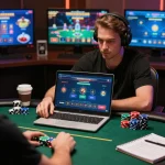 Player strategizing in an online game at NHÀ CÁI MB88, showcasing poker interface and vibrant atmosphere