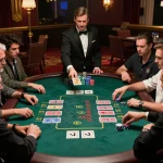 Bong88 players engaging in a thrilling blackjack game with vibrant atmosphere and luxury setting.