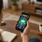 Engaged user at NHÀ CÁI CM88 playing live dealer blackjack on smartphone in a cozy home workspace.