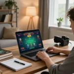 Enjoying strategic gameplay at 79win with blackjack on a sleek laptop in a cozy living room.