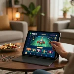 Player using the kubet app on a tablet in a cozy living room for online gaming.