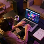 Person enjoying online gambling at 88clbgo casino with laptop and strategy notes in cozy home.