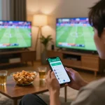 Person using the keobongda app to place sports bets while watching a live match from home.
