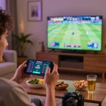Engaged player using Go8 app for live sports betting in a cozy home environment