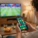 Player placing bets on 1gom app while watching live sports in a cozy living room setting.