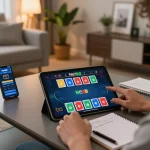Player enjoying an online poker game on a tablet while exploring Net88's betting options in a cozy setting.