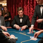 F168 poker showdown showcasing skilled player with chips and cards in vibrant casino atmosphere.