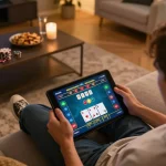 Engage with tg88 through live dealer games on a cozy sofa with a tablet