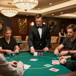 Luck8 players strategizing during an intense poker game in an upscale casino environment.
