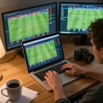 Bongdalu sports betting experience with live matches on screens in a cozy home office setting