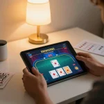 A player enjoys online gaming at home with hay88x, engaging in strategic card gameplay surrounded by cozy decor.