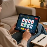 Engaged player at home using tablet for nhacaiuytinn live dealer blackjack game, showcasing strategic gameplay