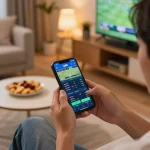 Excited player using the tg88 sports betting app on smartphone during live match, cozy home setting with snacks.