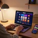 Engaging with 33win online gaming interface on a laptop while tracking bets on a smartphone