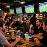 Excited players engaging in sports betting with nhandinhkeonhacai at a vibrant bar, analyzing live odds.