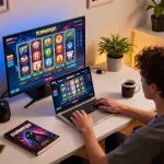 Engaging in sunwingo online gaming with a laptop displaying casino games and strategy notes.