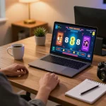 Player enjoying EE88 online games on laptop with vibrant graphics and strategy notes
